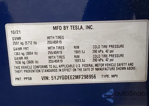 2021 Tesla Model Y Long Range Dual Motor All-Wheel Drive из США, поврежденный, VIN 5YJYGDEE2MF298956